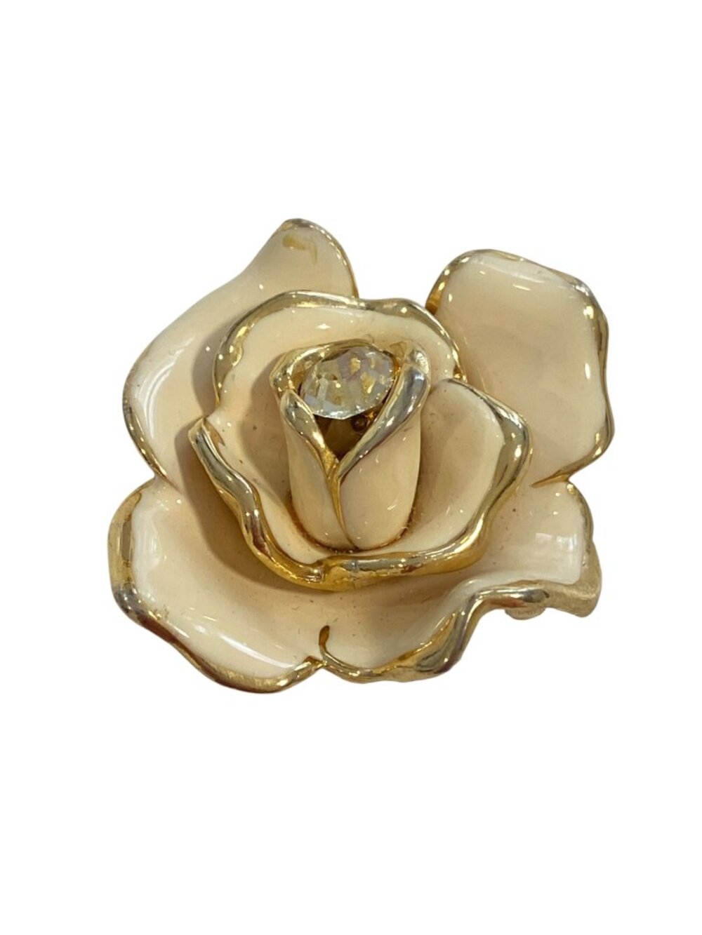 Vintage brooch By Craft Gold-Tone Ivory Enamel Rose Brooch With Rhinestone Cente